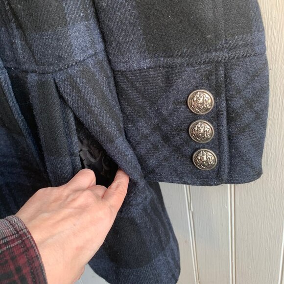 Guess Women's Blue Black Plaid Double Breast Wool Pea Coat Knit Collar Military - Picture 12 of 16